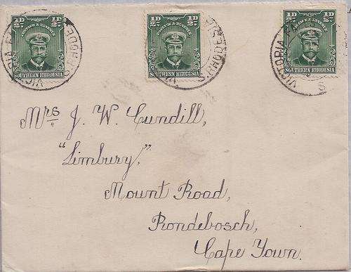 Southern Rhodesia 1920's KGV cover Victoria Falls to Cape Town