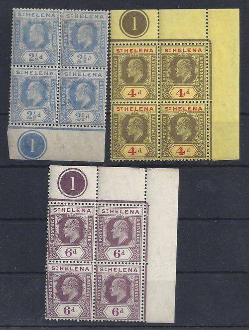 St Helena 1908 KEVII set of 3 in plate blocks of 4, very fine mint