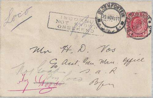 South Africa 1911 Bloemfontein readdressed front with boxed official Not Known cachet,  fine
