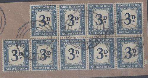 South Africa Postage Due 1948 3d block of 9 on piece, fine used