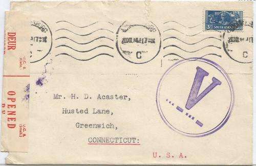 South Africa 1944 Small War 3d used on censored cover from Johannesburg to USA fine used