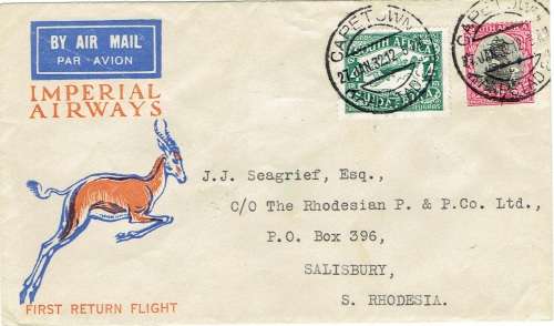 South Africa 1932 27 January 1st Flight cover from Cape Town to Salisbury Rhodesia
