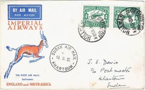South Africa 1932 26 January 1st Flight cover from Germiston Station to Khartoum Sudan