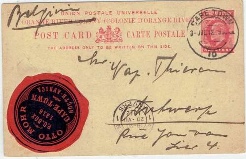 South Africa 1912 Interprovincial KEVII OFS 1d card use din Cape Town with advertising label