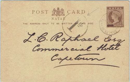 Natal 1894 QV surcharged postal stationary card from Durban to C Town with postage due marking