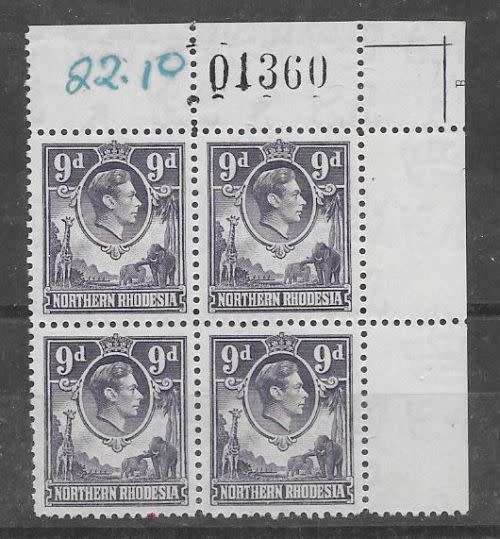 Northern Rhodesia 1938 KGVI 9d sheet number block of 4 unmounted mint