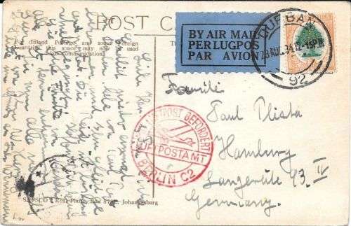 South Africa 1934 28 Aug Airmail cover from Durban to Hamburg Germany very fine