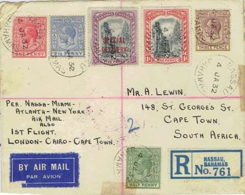 South Africa 1932 4 Jan Nassau Bahamas to Cape Town 1st flight cover very very scarce