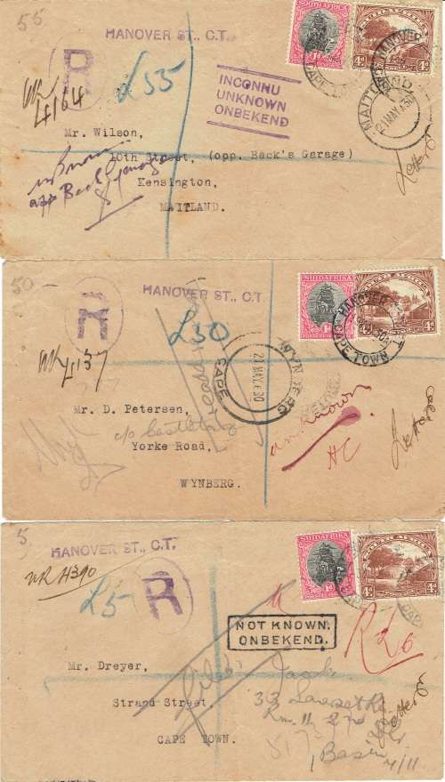 South Africa 1930 3x covers undeliverable with different Unknown Not Known markings