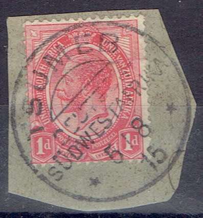 South West Africa  WWI SA Occupation KGV 1d coil on piece with Tsumeb with broken Deutsch