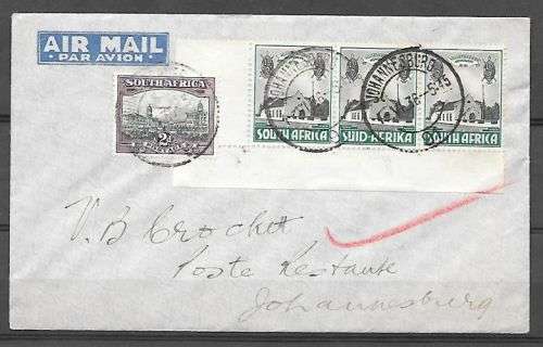 South Africa 1936 1 Jun SAA Airport Acceptance cover Johannesburg to Durban to Johannesburg