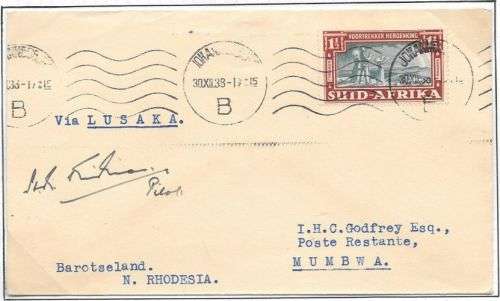 South Africa 1939 Airmail flight from Johannesburg to Mumbwa Barotseland Norther Rhodesia