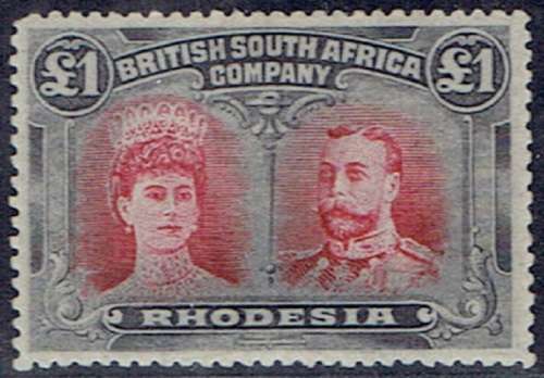 Rhodesia BSAC 1910 KGV Double Head perf 14 £1 crimson and slate black very fine mint