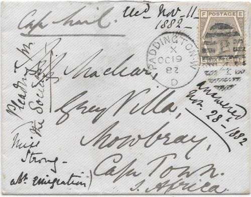 Cape of Good Hope 1882 GB 6d on incoming cover addressed to Mrs Maclear Observatory