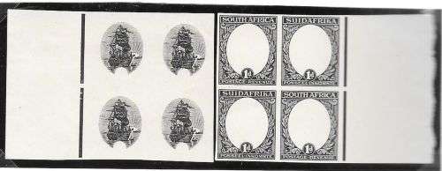 South Africa 1926 Ship 1d Imperforate plate proofs frame and vignette in marginal blocks very fine