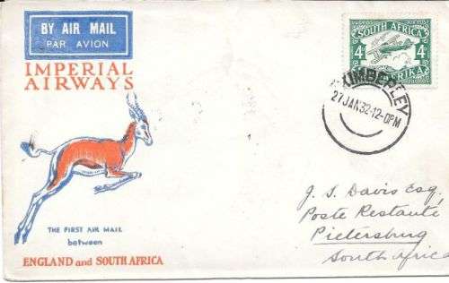 South Africa 1932 27 Jan 1st Returned Flight cover from Kimberly to Pietersburg