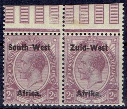 South West Africa 1923 KGV Type I 2d pair with hyphen in SOUTH WEST very fine unmounted mint
