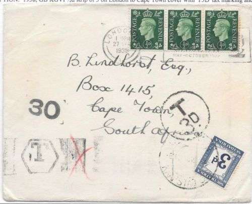 South Africa 1938 Great Britain KGVI 1/2d x3 on taxed 3d cover to Cape Town very fine