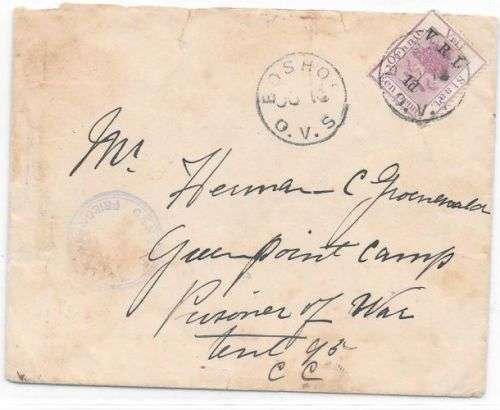 Anglo Boer War 1900 OFS Boshof cover to POW Greenpoint with POW censor cover  fine