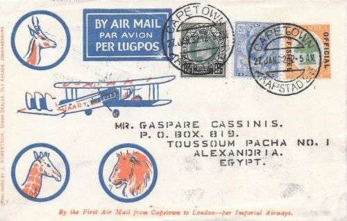 South Africa 1932 27 January 1st Flight cover from Cape Town to Egypt