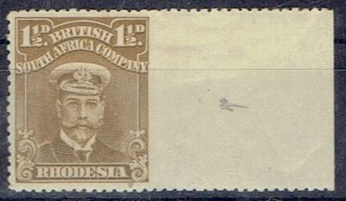 Rhodesia BSAC 1913/22 KGV Admiral 1 1/2d drab brown imperf to right gutter margin fine mint
