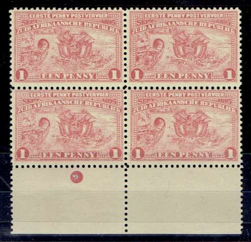 Transvaal 1895 1d bottom marginal blk of 4 with cracked plate variety very fine unmounted mint