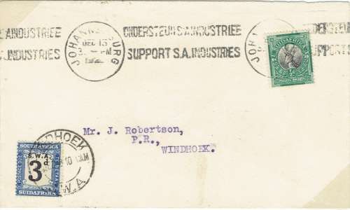 South West Africa Postage Due 1928 Johannesburg 1/2d cover to Windhoek with 3d postage due