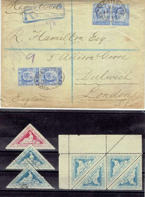 South Africa 1910 Cape Town Pageant collection of labels, including on cover and special postcards