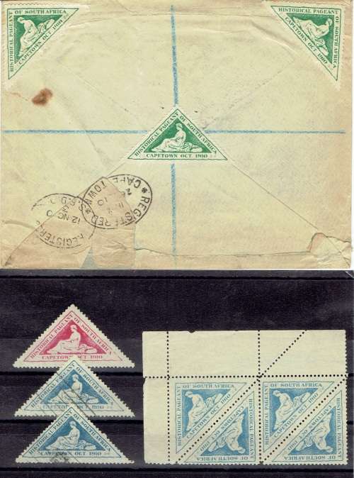 South Africa 1910 Cape Town Pageant collection of labels, including on cover and special postcards