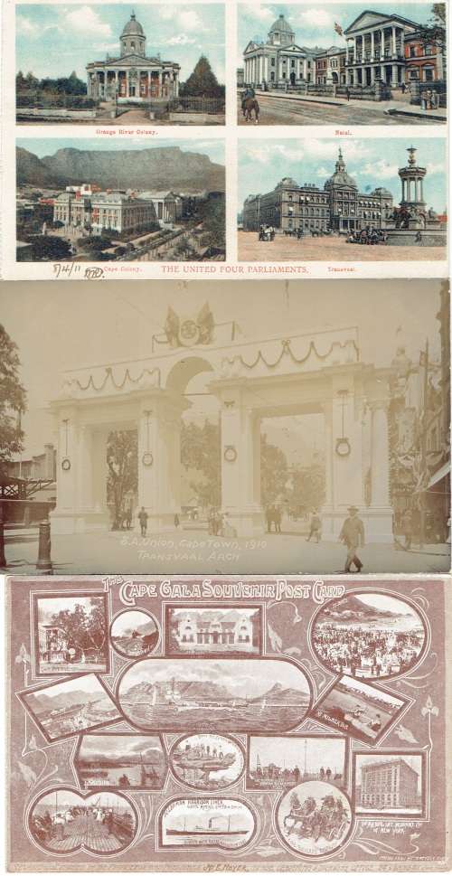 South Africa 1910 Cape Town Pageant collection of labels, including on cover and special postcards