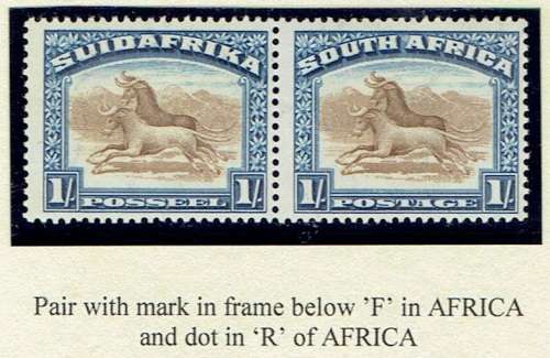South Africa Officials 1927 London 1s with dot in A and line in frame below F