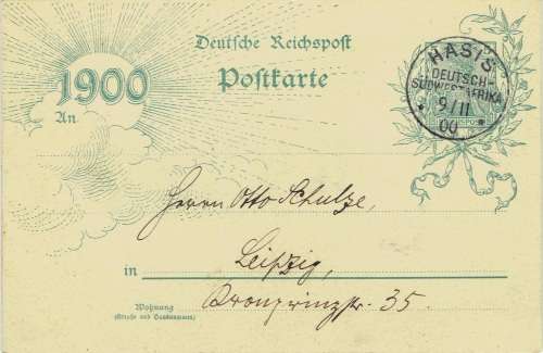 South West Africa 1900 Reichpost 1900 5Pfg special postcard used from Hasis to Germany