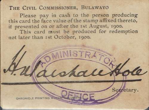 Rhodesia BSAC 1900 Marshall Hole Currency Card 6d small format very fine