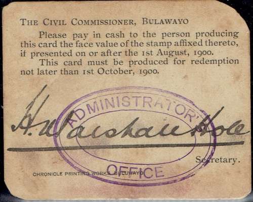 Rhodesia BSAC 1900 Marshall Hole Currency Card 10s  fine