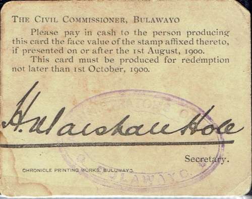 Rhodesia BSAC 1900 Marshall Hole Currency Card 1s  fine