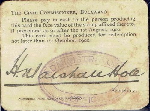 Rhodesia BSAC 1900 Marshall Hole Currency Card 2s6d  fine