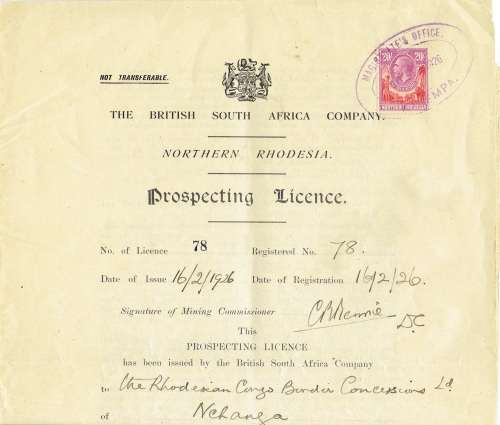 Northern Rhodesia 1926 KGV 20s tied to complete Prospecting License with oval violet Kasempa strike