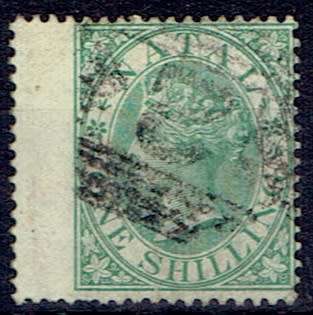 Natal 1870 QV 1s green with green overprint left winged margin copy fine used