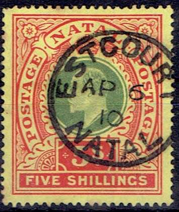 Natal 1908/09 KEVII 5s green and red/yellow  very fine used