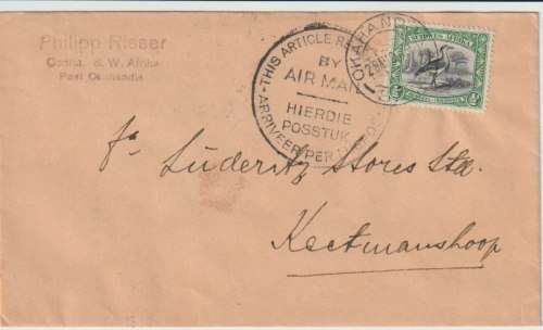 South West Africa 1936 Special Flight cover Okahandja to Keetmanshoop with special airmail cachet