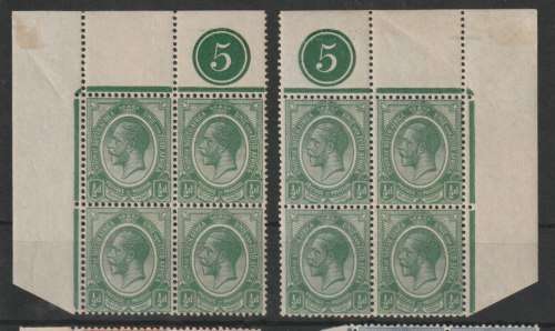 South Africa 1913 KGV 1/2d control 5 top left and right blocks of 4 very fine mint