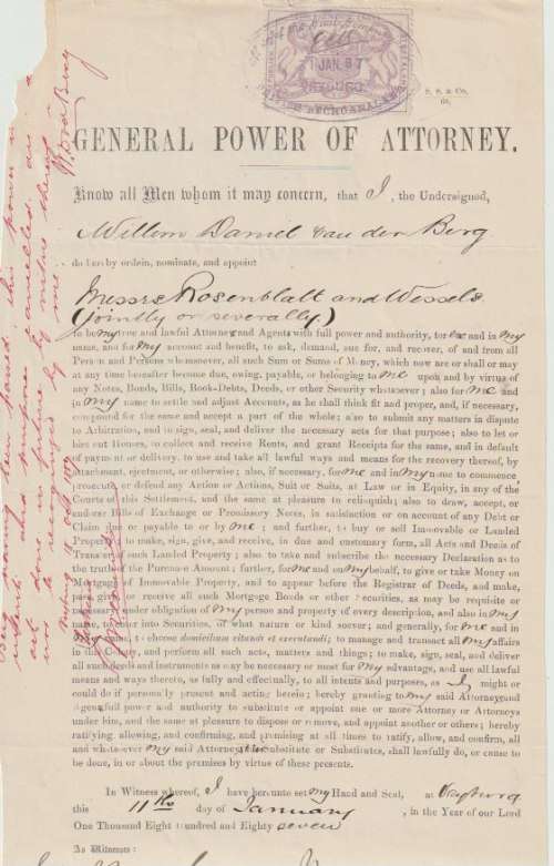 Bechuanaland Stellaland Revenue 1887 £1 on Power of Attorney Document very fine and very scarce