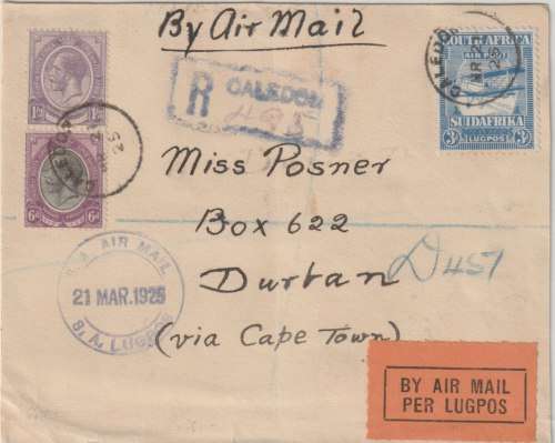 South Africa 1925 21 March Caledon to Durban via Cape Town 1st Flight airmail cover