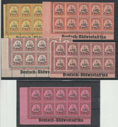 South West Africa 1901 Yacht no watermark 25, 30, 40, 50 & 80pfg imprint blocks of 10