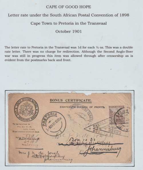 Anglo Boer War 1901 COGH 2d on SA Mutual envelope Cape Town to Pretoria readdressed to JHB