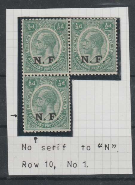 Tanganyika Nyasaland Rhodesia Force 1916 1/2d block of 3 with plate flaw no serif to N