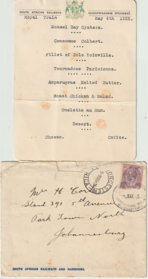 South Africa 1925 KGV 2d on Royal Tour cover with special cancel and menu