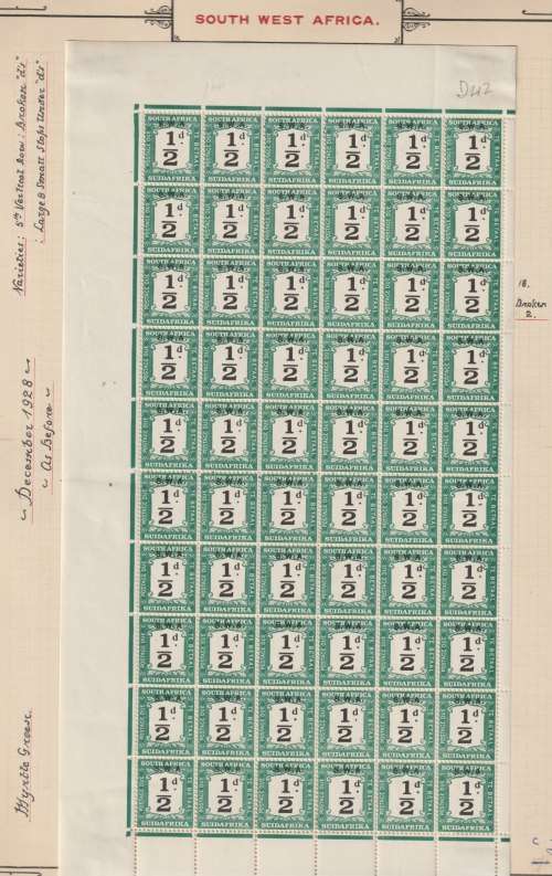 South West Africa postage Due 1928 1/2d  pane of 60 with blunt 2 fine unmounted mint