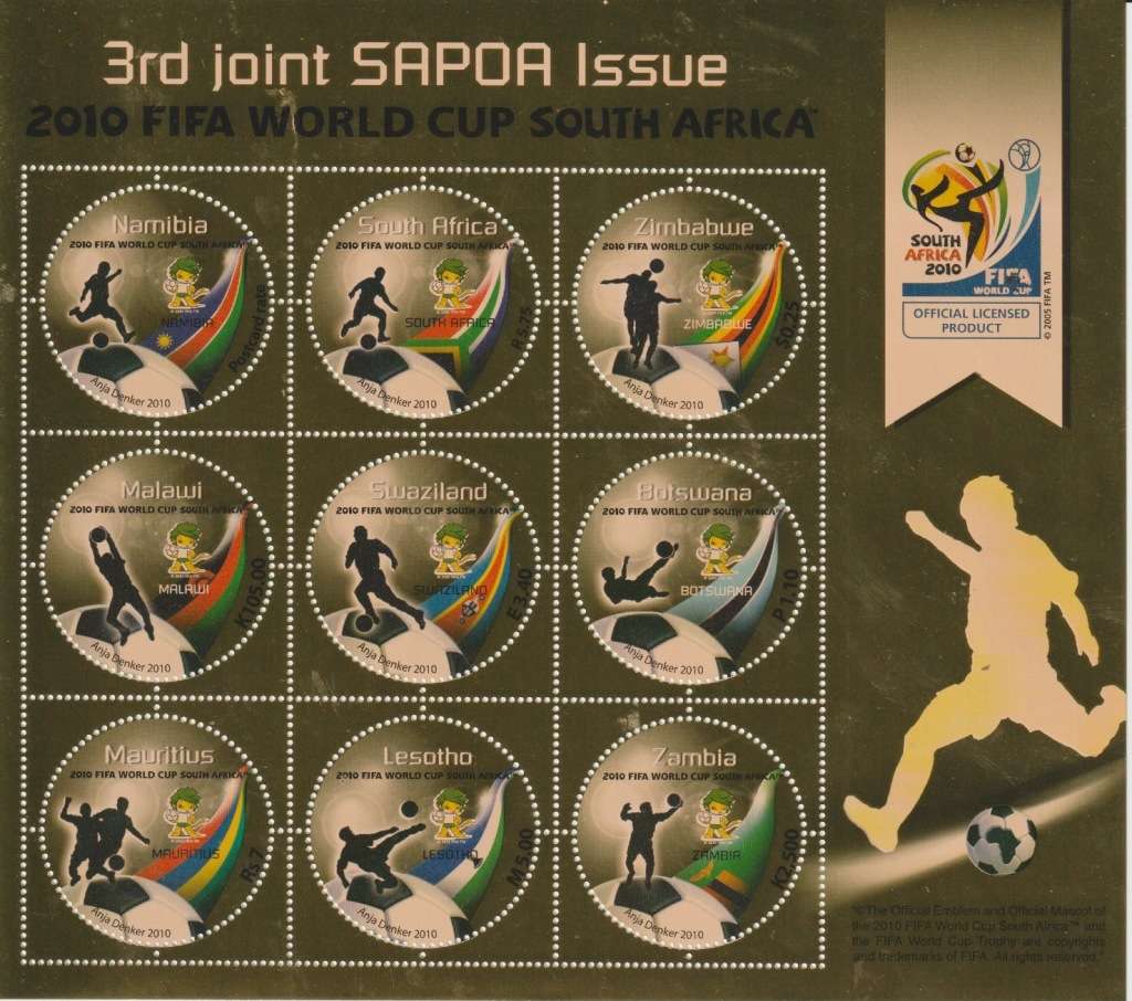 SOUTH AFRICA 2010 SAPOA FIFA World Cup combination sheet of 9 different contries