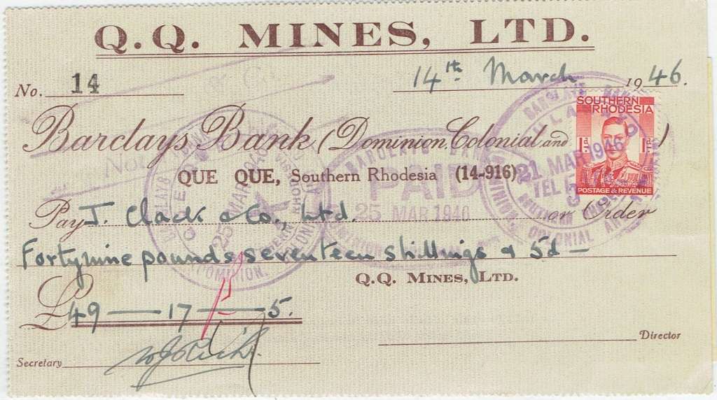 Southern Rhodesia 1946 KGVI 1d x2 on QQ Mines cheques and receipt very fine